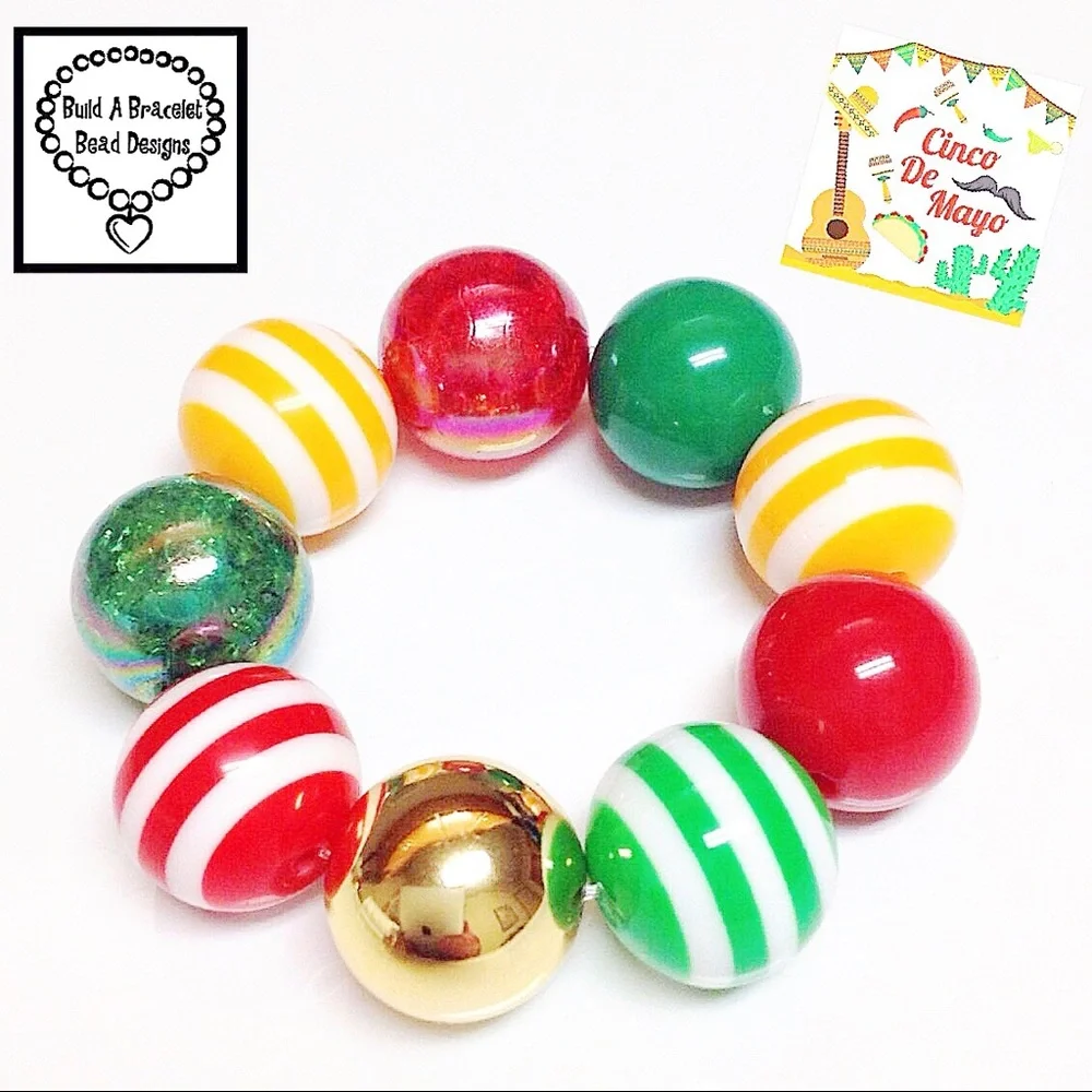 Handmade Cinco de Mayo Fiesta Bubblegum Bracelet Red Green Yellow Beaded